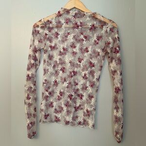 Free People Sheer Long-Sleeve Floral Mesh Top - Pink & White Flower Detail